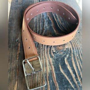 2 color sides tan/brown beige leather belt nice silver buckle quality item M